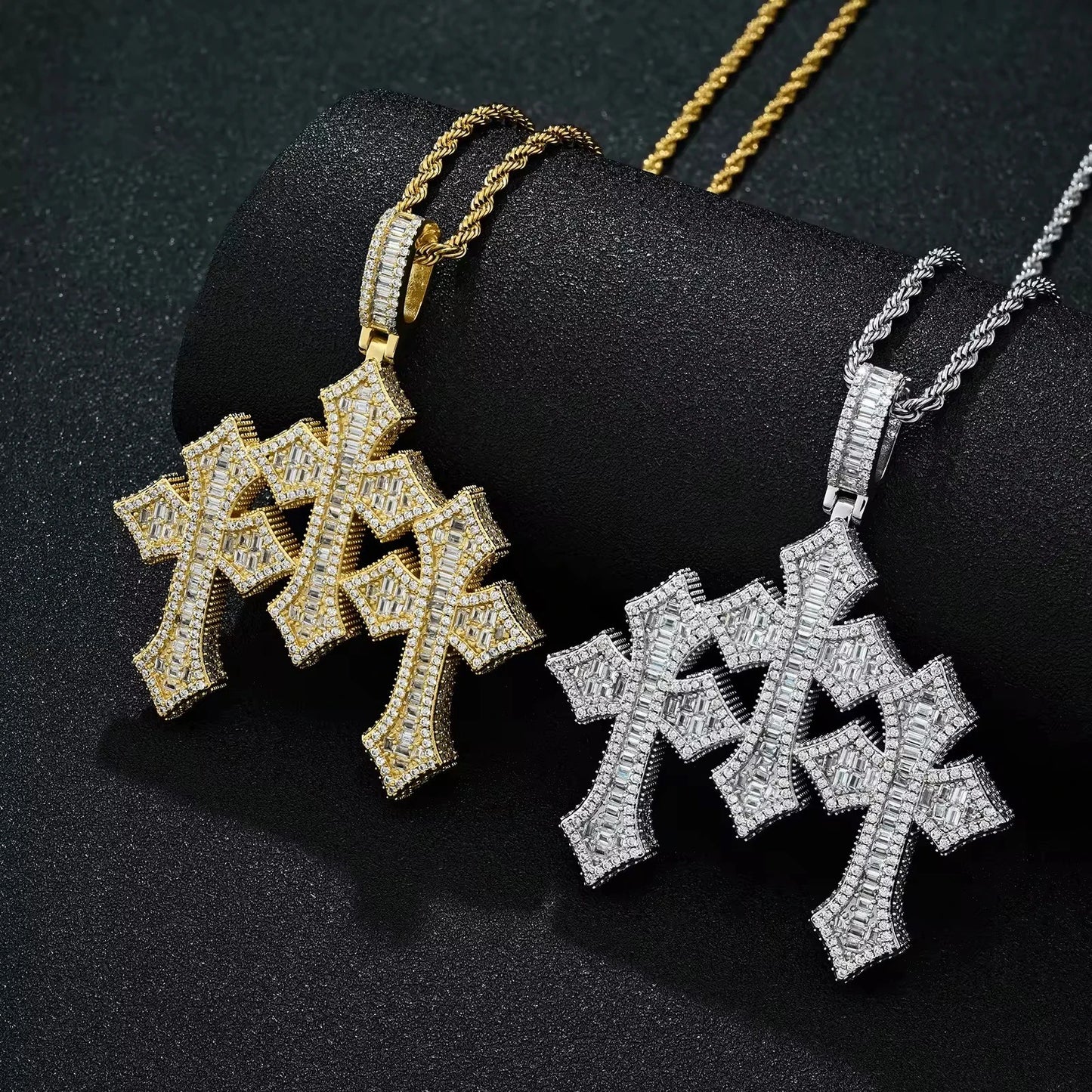 MOISSANITE VVS DIAMOND TRIPLE CROSS PENDANT IN 18K GOLD