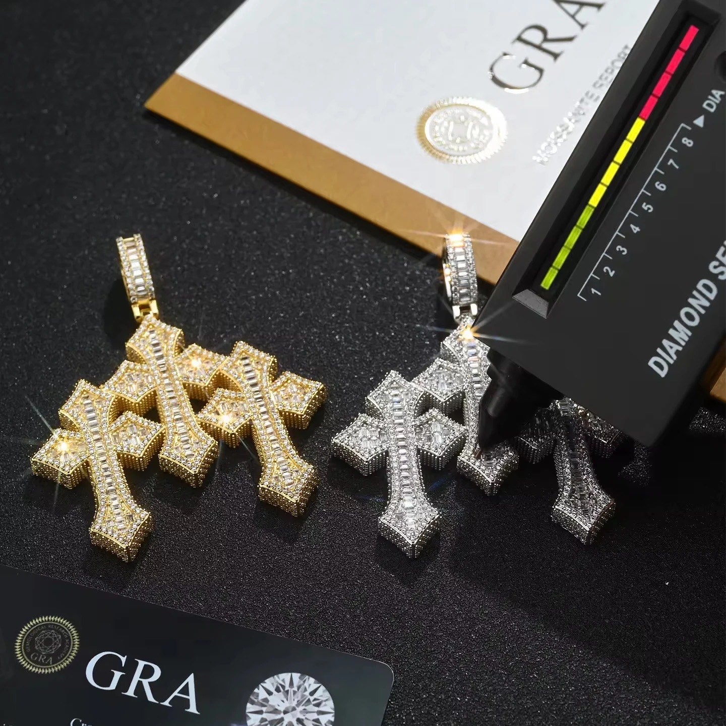 MOISSANITE VVS DIAMOND TRIPLE CROSS PENDANT IN 18K GOLD