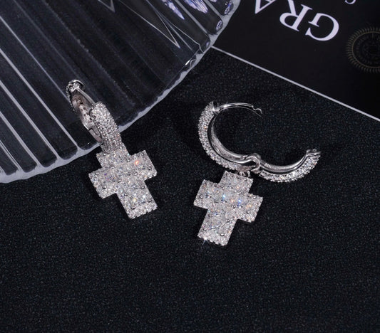 VVS MOISSANITE DIAMOND CROSS HOOP EARRINGS