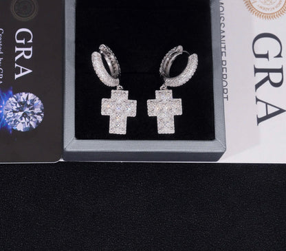 VVS MOISSANITE DIAMOND CROSS HOOP EARRINGS