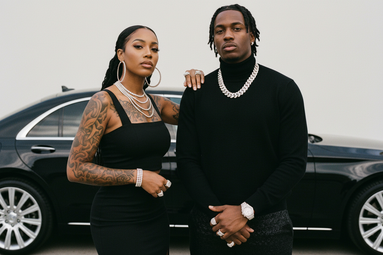 Ultra-realistic couple with heavily iced out diamond jewelry - Desktop Banner